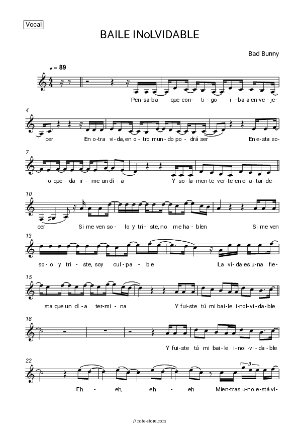 BAILE INoLVIDABLE - Bad Bunny Vocal Sheet Music - Vocal