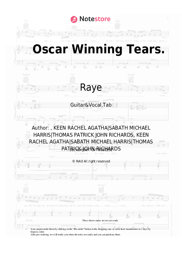Oscar Winning Tears. - Raye Chords and Voice - Guitar&Vocal.Tab