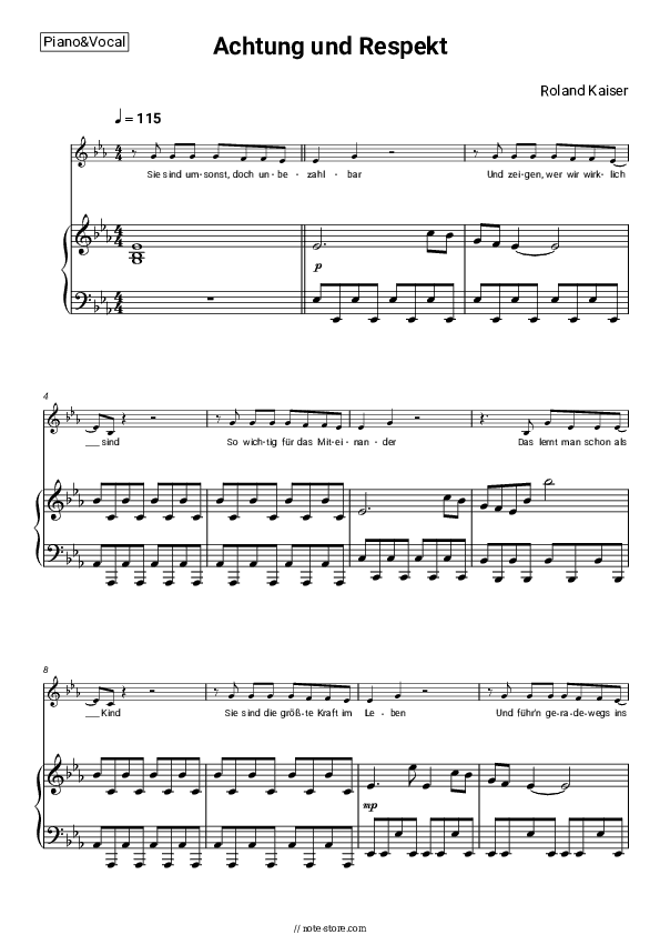 Achtung und Respekt - Roland Kaiser Piano Sheet Music with the Voice part - Piano&Vocal