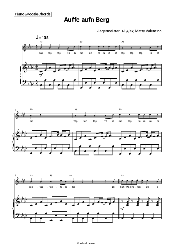 Auffe aufn Berg - Jägermeister DJ Alex, Matty Valentino Piano Sheet Music with the Vocal and Chords - Piano&Vocal&Chords