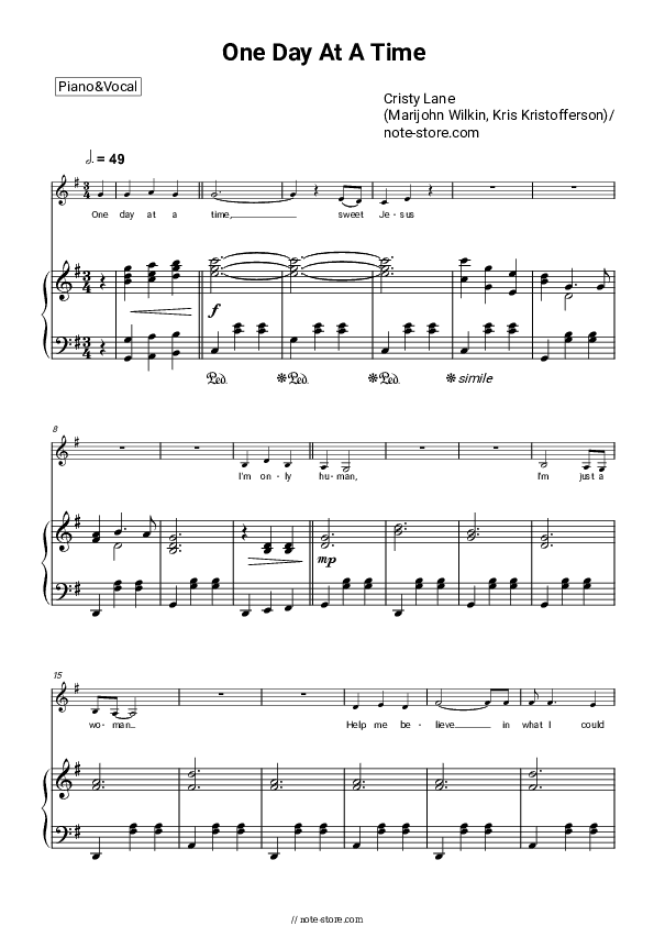 One Day at a Time - Cristy Lane Piano Sheet Music with the Voice part - Piano&Vocal