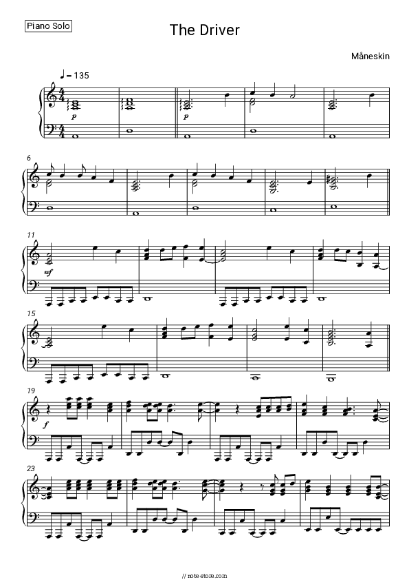 THE DRIVER - MÄneskin Piano Sheet Music - Piano.Solo