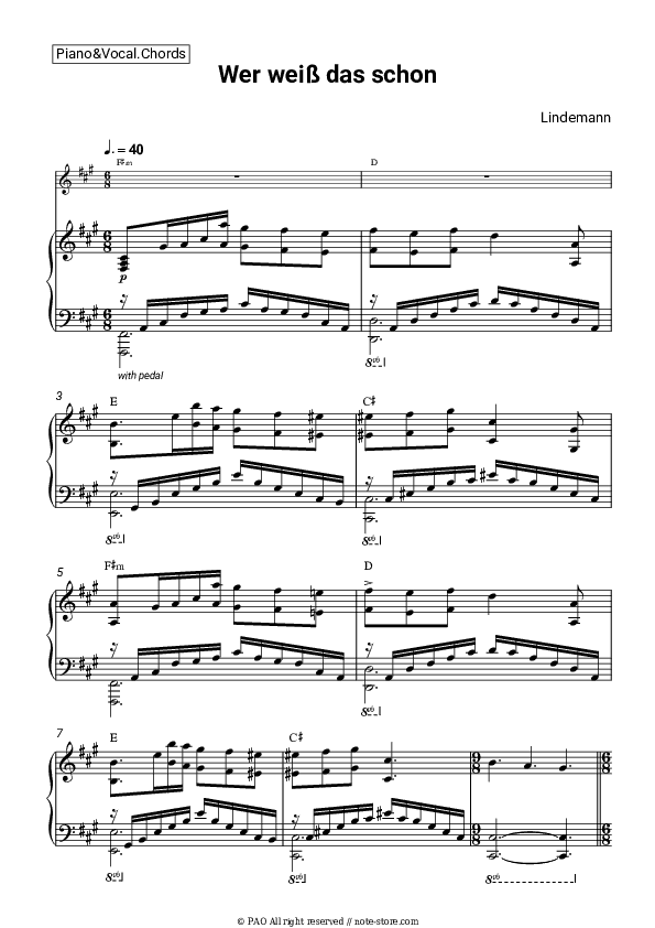 Wer weiß das schon - Lindemann Piano Sheet Music with the Vocal and Chords - Piano&Vocal&Chords