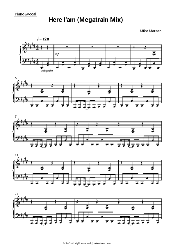 Here I'am (Megatrain Mix) - Mike Mareen Piano Sheet Music with the Voice part - Piano&Vocal