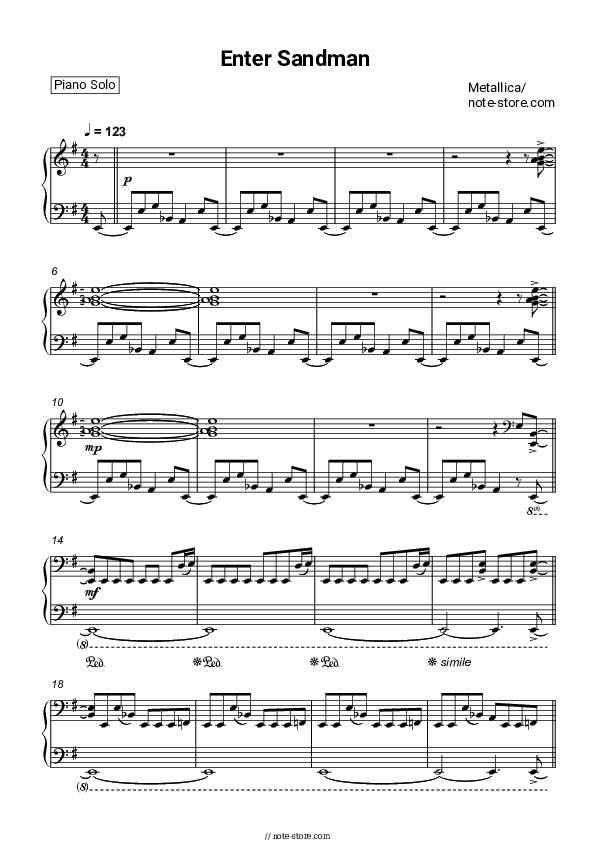 Enter Sandman - Metallica Piano Sheet Music - Piano.Solo