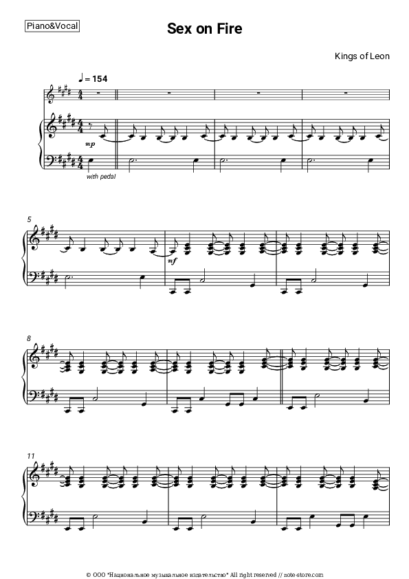 Sex on Fire - Kings of Leon Piano Sheet Music with the Voice part - Piano&Vocal