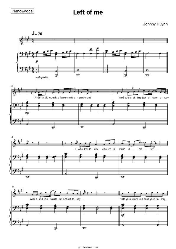 Left of me - Johnny Huynh Piano Sheet Music with the Voice part - Piano&Vocal