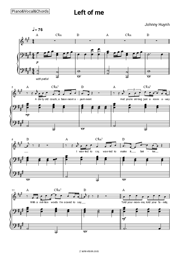 Left of me - Johnny Huynh Piano Sheet Music with the Vocal and Chords - Piano&Vocal&Chords