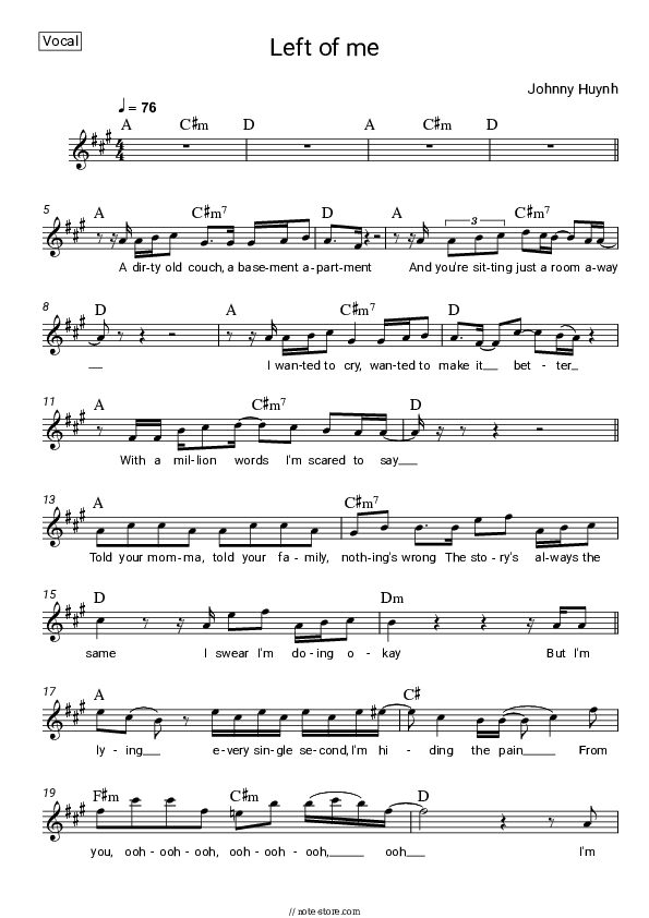 Left of me - Johnny Huynh Vocal Sheet Music - Vocal
