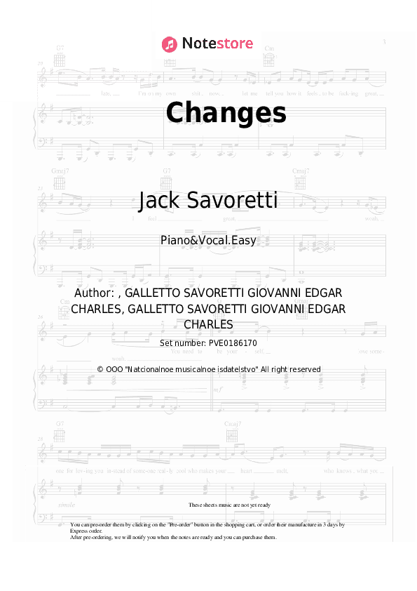 Changes - Jack Savoretti Piano Sheet Music Easy and Vocal - Piano&Vocal.Easy