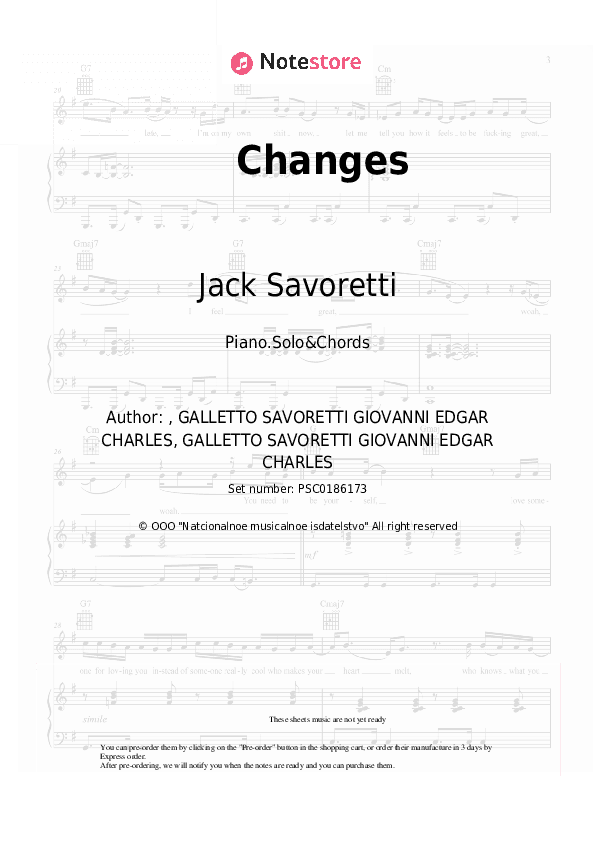 Changes - Jack Savoretti Piano Sheet Music and Chords - Piano.Solo&Chords
