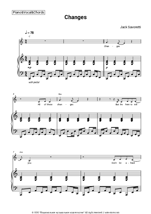 Changes - Jack Savoretti Piano Sheet Music with the Vocal and Chords - Piano&Vocal&Chords