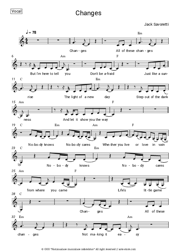 Changes - Jack Savoretti Vocal Sheet Music - Vocal