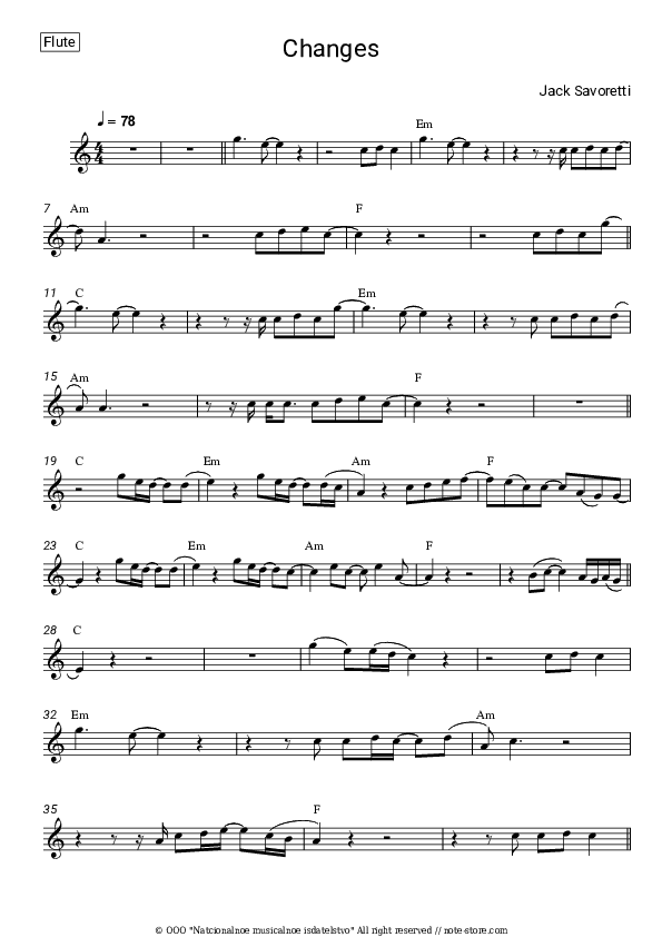 Changes - Jack Savoretti Flute Sheet Music - Flute