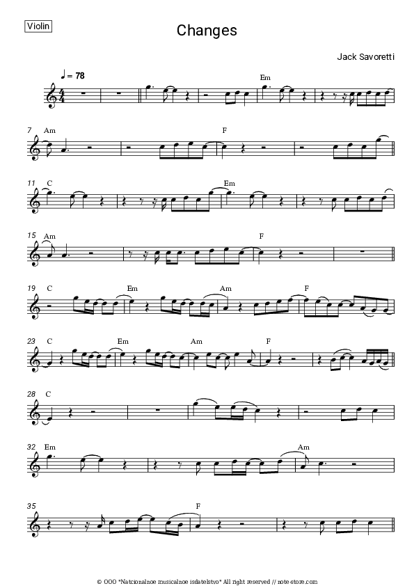 Changes - Jack Savoretti Violin Sheet Music - Violin