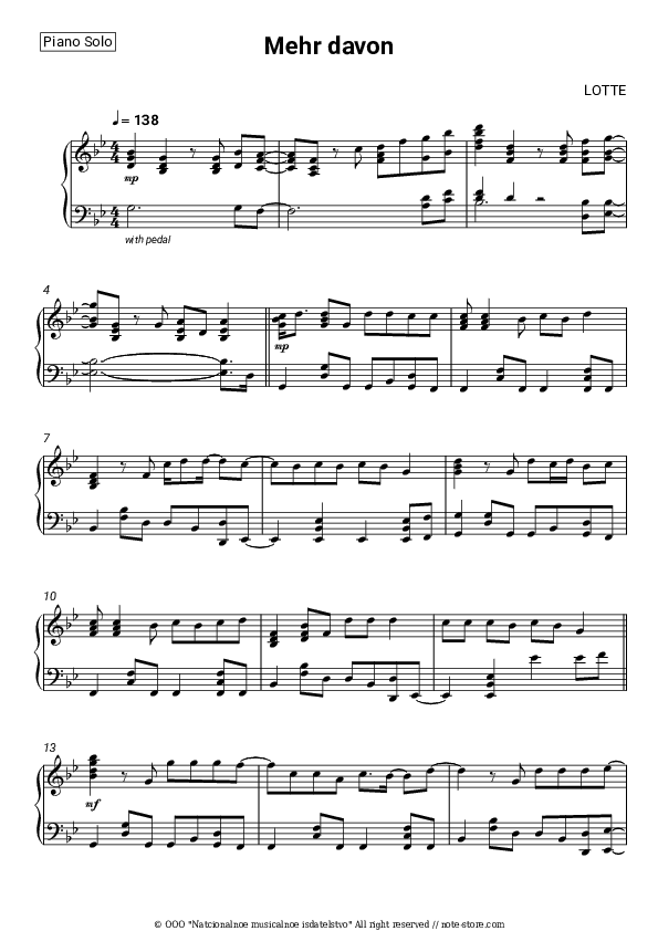 Mehr davon - LOTTE Piano Sheet Music - Piano.Solo