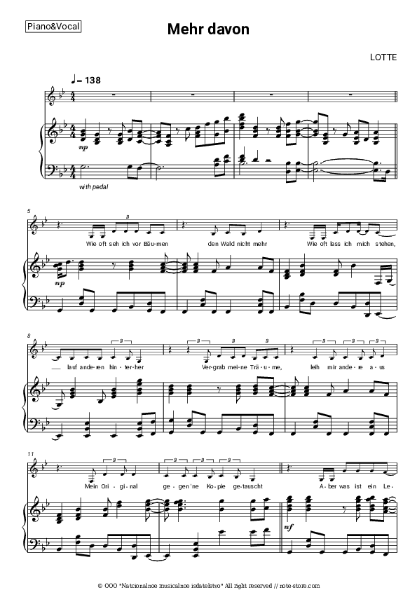 Mehr davon - LOTTE Piano Sheet Music with the Voice part - Piano&Vocal