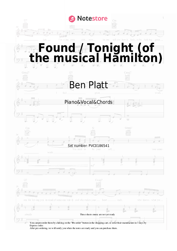 Found / Tonight (of the musical Hamilton) - Ben Platt, Lin-Manuel Miranda Piano Sheet Music with the Vocal and Chords - Piano&Vocal&Chords