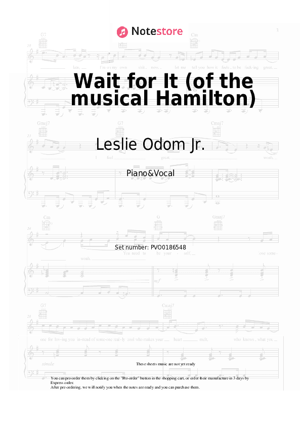 Wait for It (of the musical Hamilton) - Leslie Odom Jr. Piano Sheet Music with the Voice part - Piano&Vocal