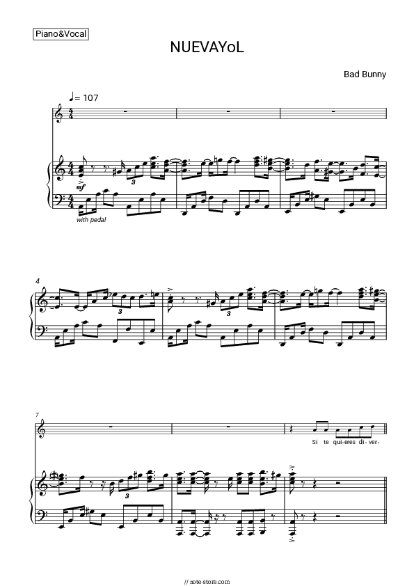 NUEVAYoL - Bad Bunny Piano Sheet Music with the Voice part - Piano&Vocal