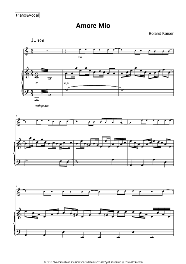 Amore Mio - Roland Kaiser Piano Sheet Music with the Voice part - Piano&Vocal