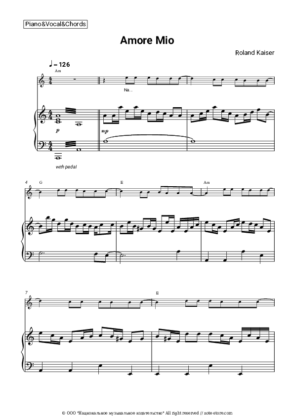 Amore Mio - Roland Kaiser Piano Sheet Music with the Vocal and Chords - Piano&Vocal&Chords