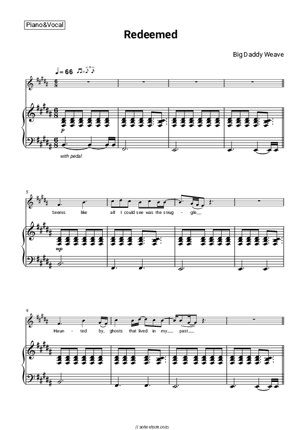 Redeemed - Big Daddy Weave Piano Sheet Music with the Voice part - Piano&Vocal