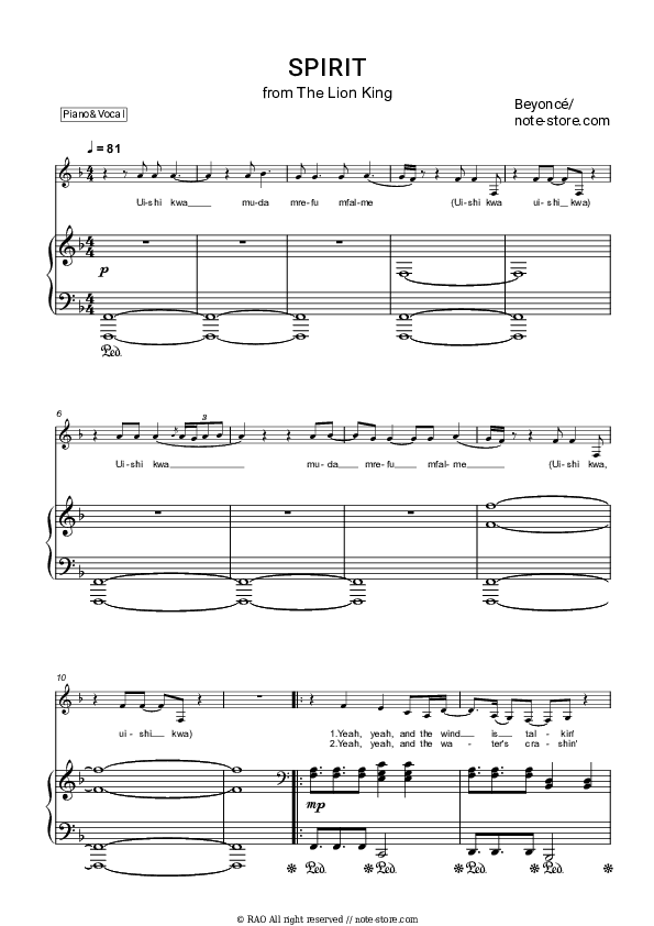 Spirit (From The Lion King) - Beyonce Piano Sheet Music with the Voice part - Piano&Vocal