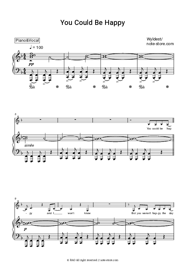 You Could Be Happy - Wyldest Piano Sheet Music with the Voice part - Piano&Vocal