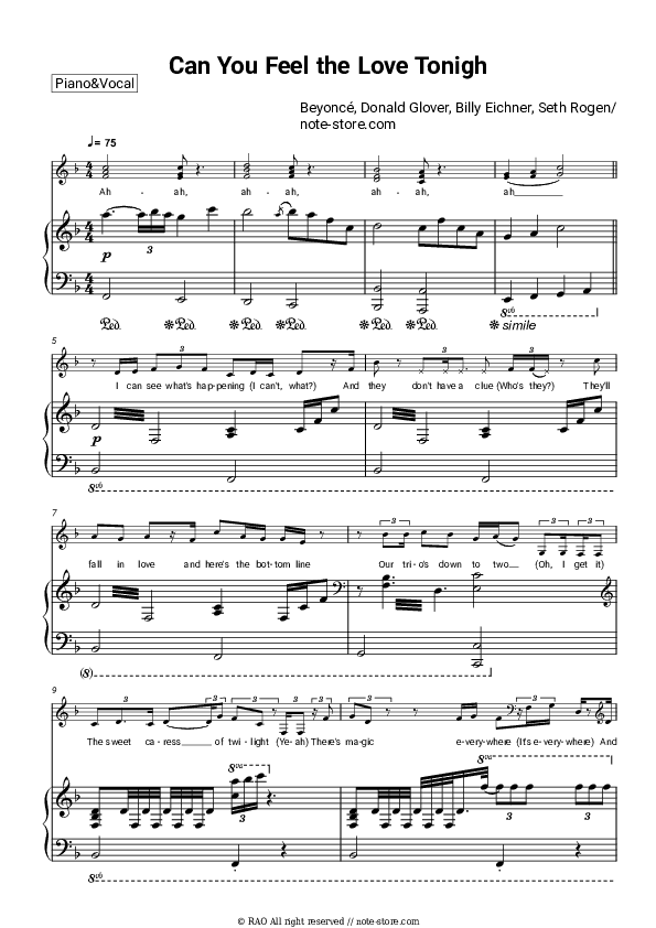 Can You Feel the Love Tonight (From The Lion King) - Beyonce, Donald Glover, Billy Eichner, Seth Rogen Piano Sheet Music with the Voice part - Piano&Vocal