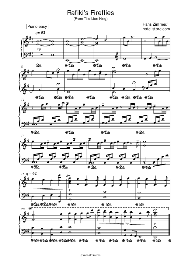 Rafiki's Fireflies (From The Lion King) - Hans Zimmer Piano Sheet Music Easy - Piano.Easy