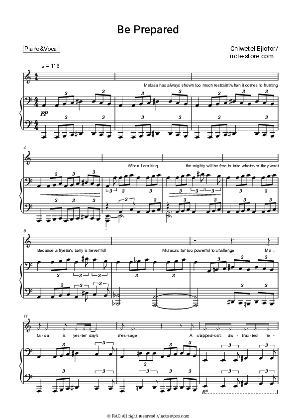 Be Prepared (2019 version) - Chiwetel Ejiofor Piano Sheet Music with the Voice part - Piano&Vocal