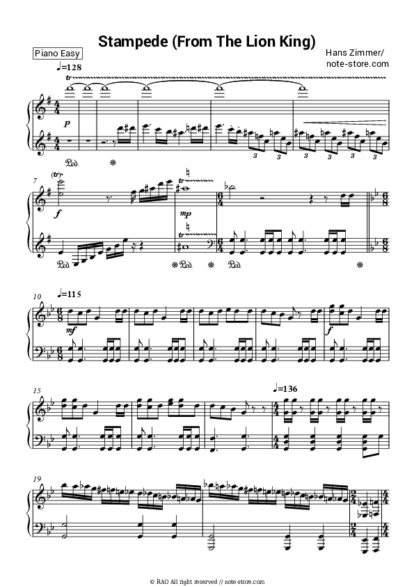 Stampede (From The Lion King) - Hans Zimmer Piano Sheet Music Easy - Piano.Easy