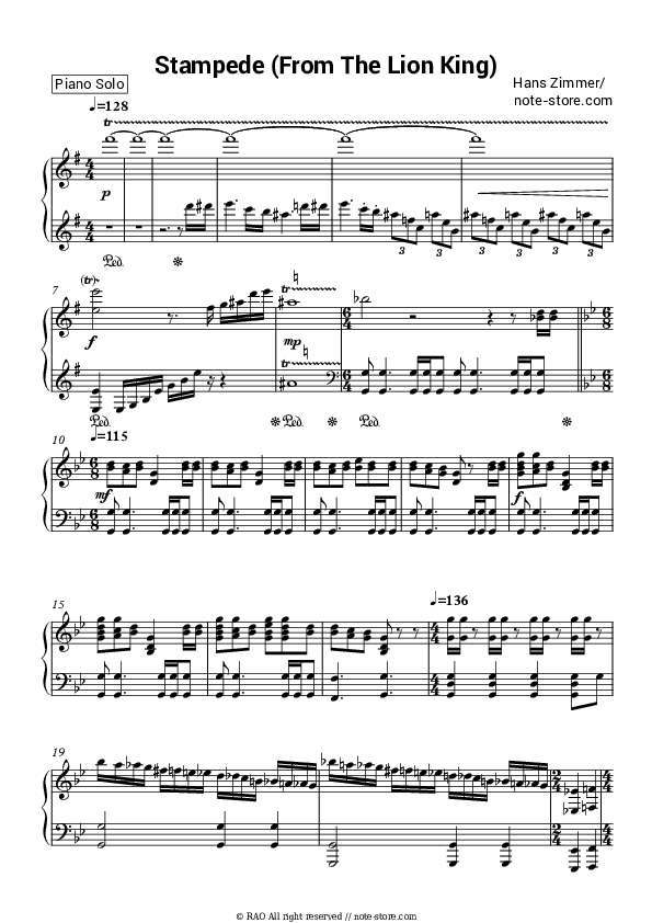 Stampede (From The Lion King) - Hans Zimmer Piano Sheet Music - Piano.Solo