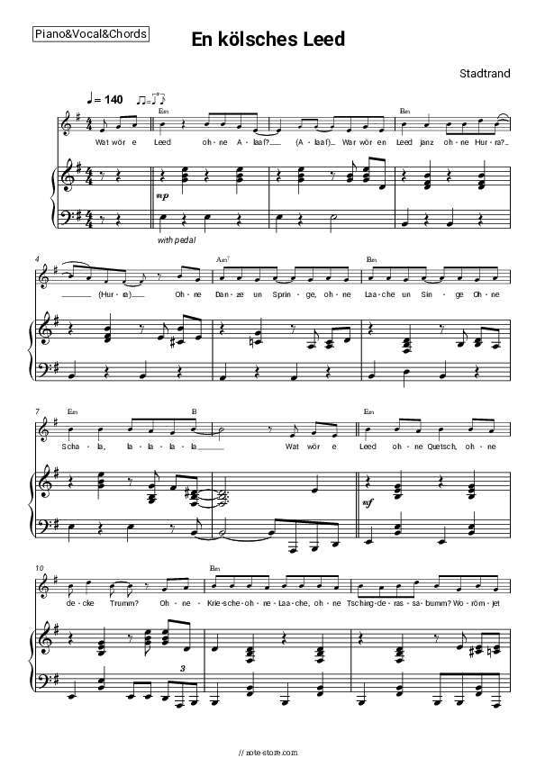 En kölsches Leed - Stadtrand Piano Sheet Music with the Vocal and Chords - Piano&Vocal&Chords