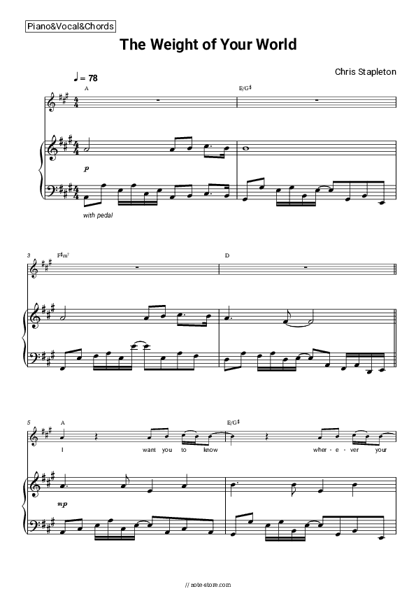 The Weight of Your World - Chris Stapleton Piano Sheet Music with the Vocal and Chords - Piano&Vocal&Chords