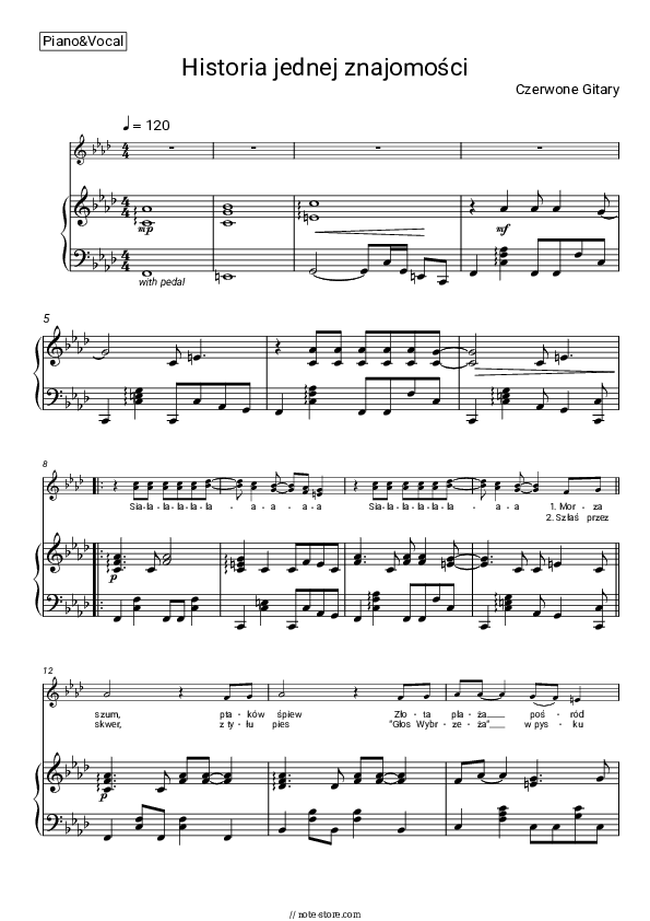 Historia Jednej Znajomości - Czerwone Gitary Piano Sheet Music with the Voice part - Piano&Vocal