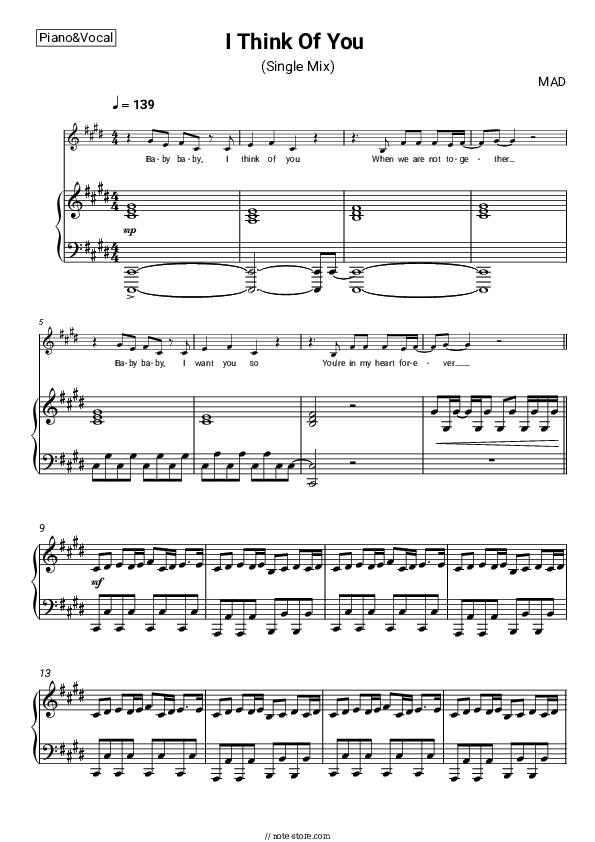 I Think Of You (Single Mix) - MAD Piano Sheet Music with the Voice part - Piano&Vocal