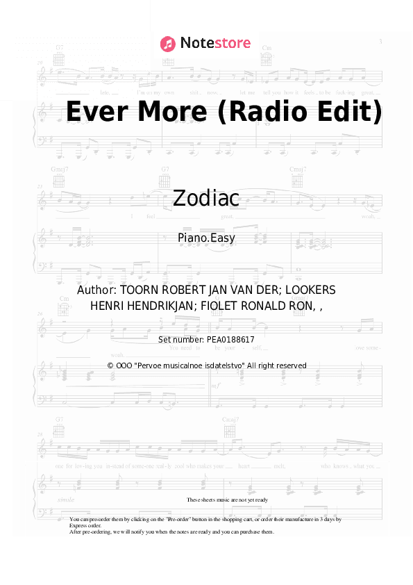 Ever More (Radio Edit) - Zodiac Piano Sheet Music Easy - Piano.Easy