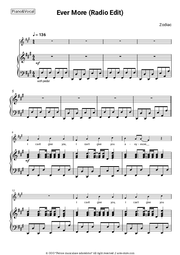 Ever More (Radio Edit) - Zodiac Piano Sheet Music with the Voice part - Piano&Vocal