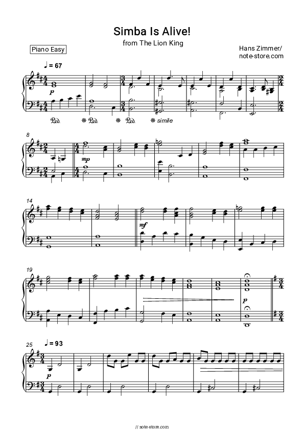 Simba Is Alive! (From The Lion King) - Hans Zimmer Piano Sheet Music Easy - Piano.Easy