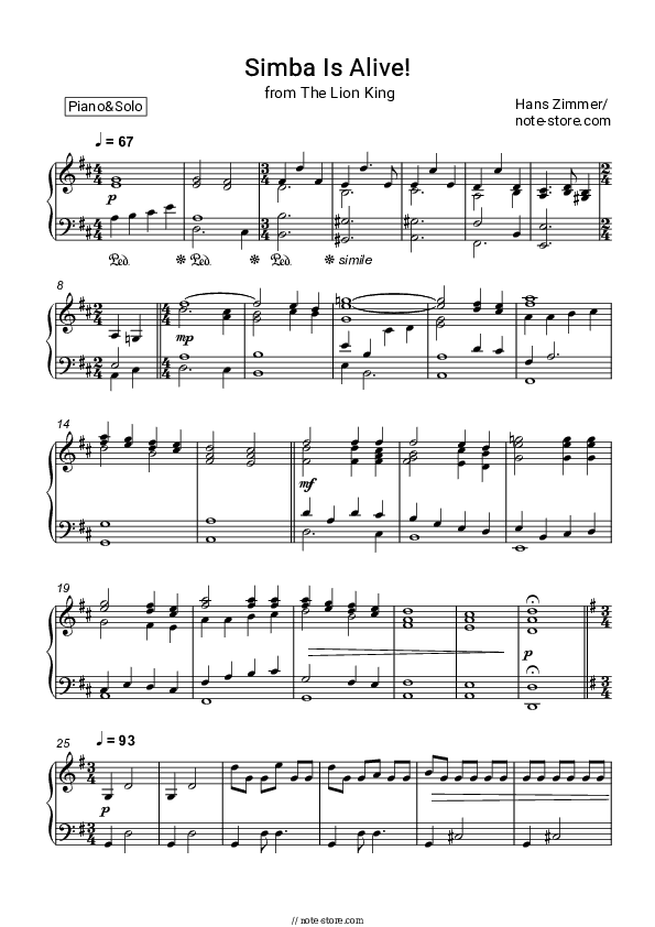 Simba Is Alive! (From The Lion King) - Hans Zimmer Piano Sheet Music - Piano.Solo