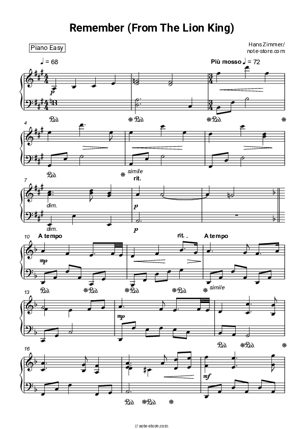 Remember (From The Lion King) - Hans Zimmer, Lebo M. Piano Sheet Music Easy - Piano.Easy