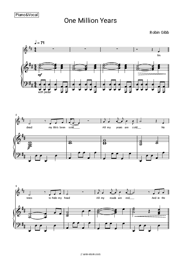 One Million Years - Robin Gibb Piano Sheet Music with the Voice part - Piano&Vocal