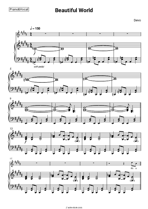 Beautiful World - Devo Piano Sheet Music with the Voice part - Piano&Vocal