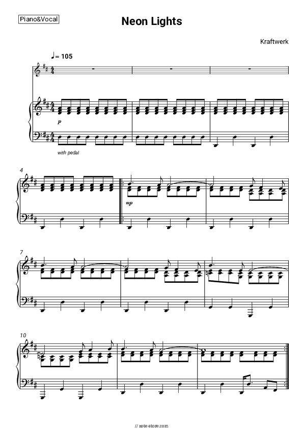 Neon Lights - Kraftwerk Piano Sheet Music with the Voice part - Piano&Vocal