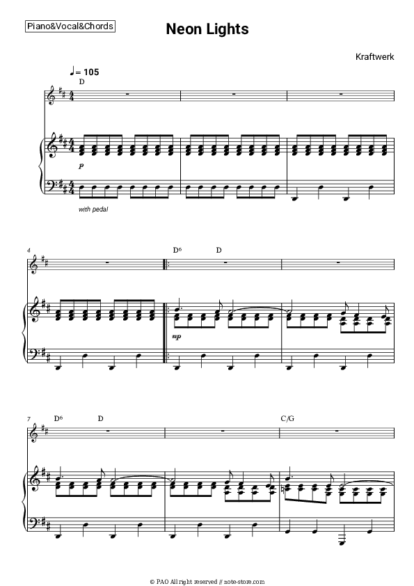 Neon Lights - Kraftwerk Piano Sheet Music with the Vocal and Chords - Piano&Vocal&Chords