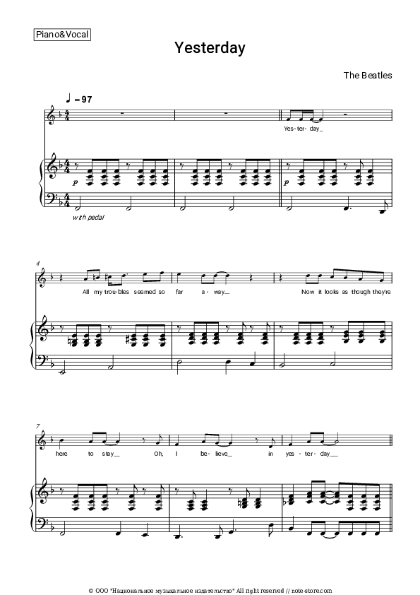 Yesterday - The Beatles Piano Sheet Music with the Voice part - Piano&Vocal