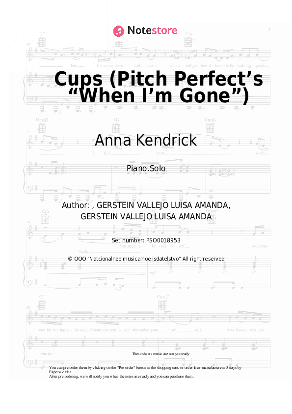 Cups (Pitch Perfect’s “When I’m Gone”) - Anna Kendrick Piano Sheet Music - Piano.Solo