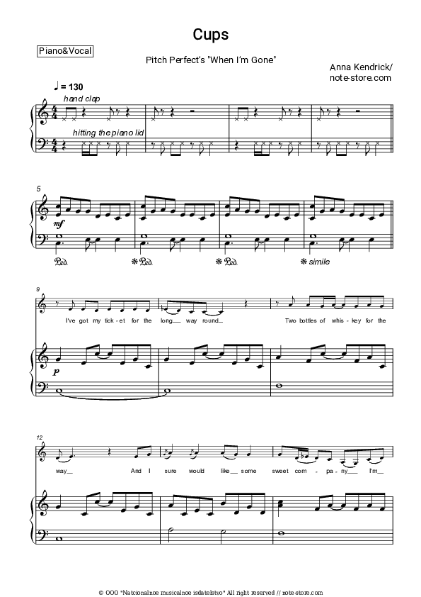 Cups (Pitch Perfect’s “When I’m Gone”) - Anna Kendrick Piano Sheet Music with the Voice part - Piano&Vocal